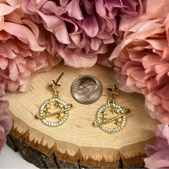 Crystal Planet Saturn and Gold Stars Dangle Earrings - Picture 15 of 16